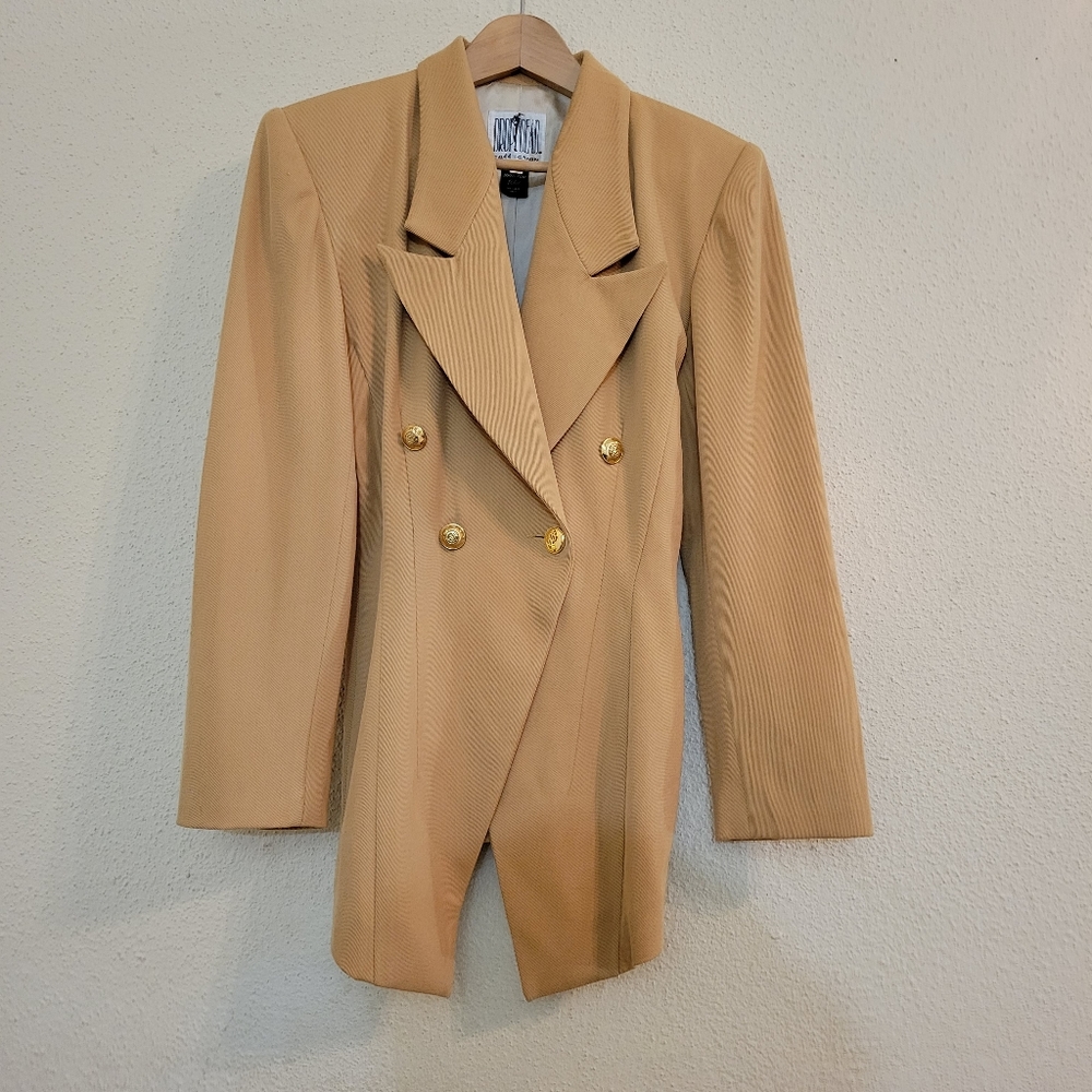 Drop Dead Collection 100% Wool Double brested blazer tan with gold buttons 6